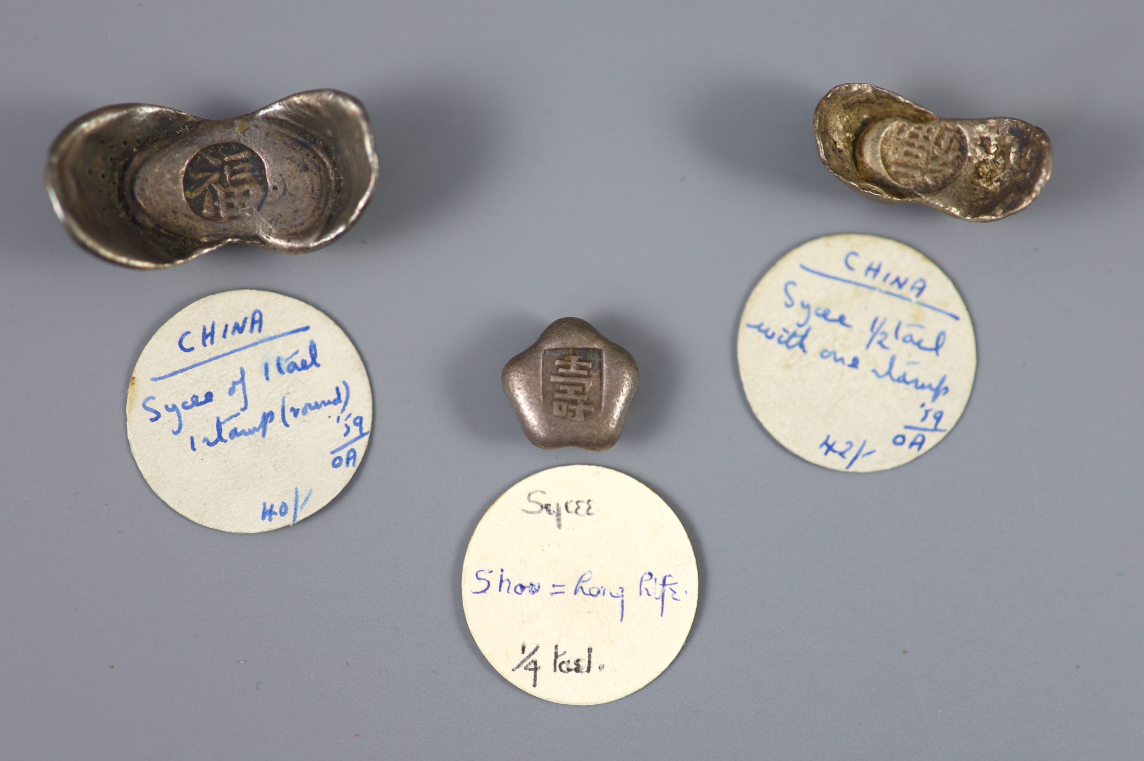 China Empire or Republic period, AR 1 Tael, 36.2g, half tael, 19.2g and quarter tael, 10.8g, all cast silver sycee,